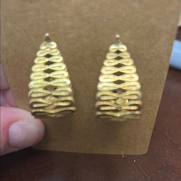 Gold Geometric Stud Earrings with Textured Design - Picture 2 of 5